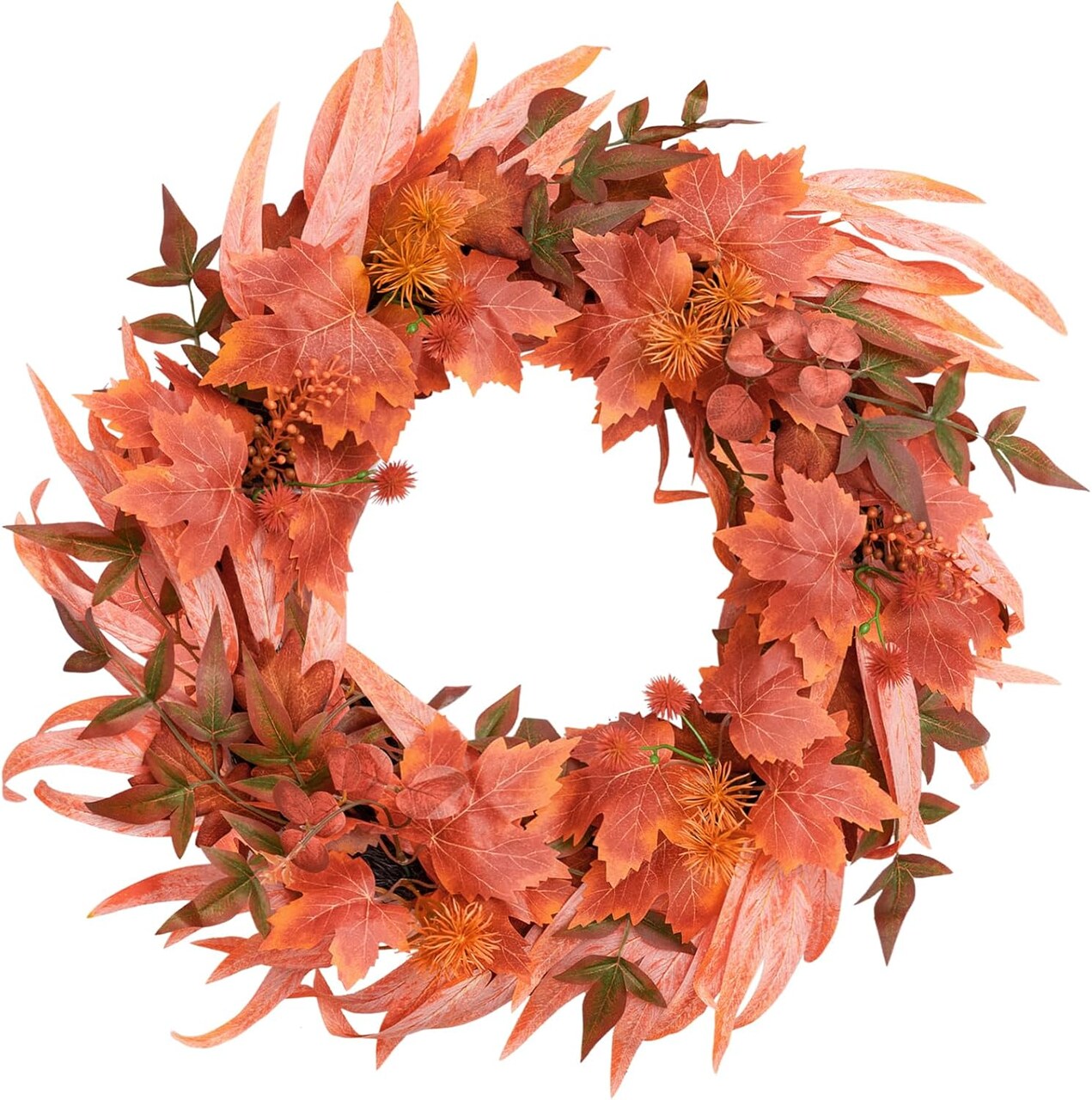 20” Lifelike Fall Wreath for Front Door – Autumn Harvest Decor with Maple Leaves & Berries for Porch, Farmhouse, Halloween & Thanksgiving